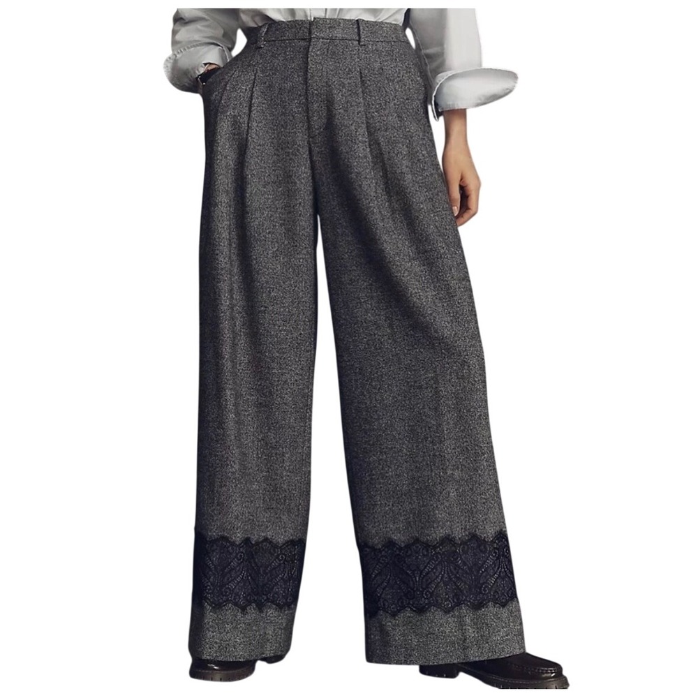 NWT Anthropologie Maeve The Avery Lace Trim Wide Leg Pants Grey Wool Blend L